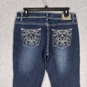 Y2K Miss Chic Low Rise Bootcut‎ Jeans 13 Thick Stitch Rhinestone Embroidered